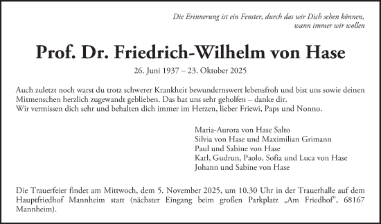 Traueranzeige von Friedrich-Wilhelm von Hase von Mannheimer Morgen