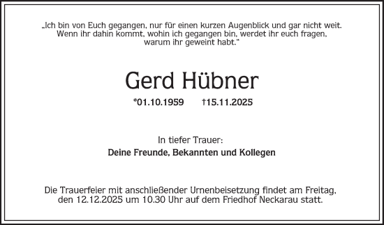 Traueranzeige von Gerd Hübner von Mannheimer Morgen