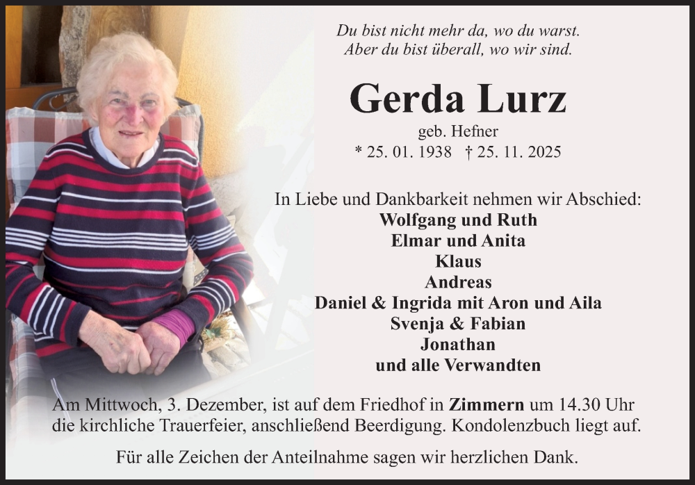  Traueranzeige für Gerda Lurz vom 29.11.2025 aus Fränkische Nachrichten