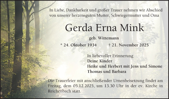 Traueranzeige von Gerda Erna Mink von Bergsträßer Anzeiger