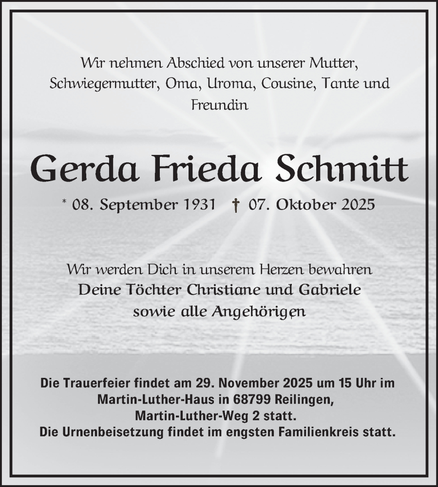  Traueranzeige für Gerda Frieda Schmitt vom 08.11.2025 aus Mannheimer Morgen