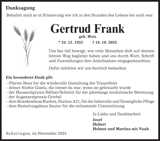 Traueranzeige von Gertrud Frank von Fränkische Nachrichten