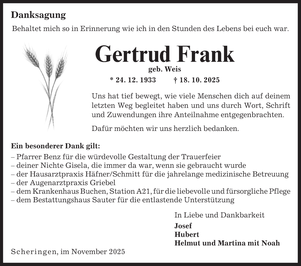  Traueranzeige für Gertrud Frank vom 08.11.2025 aus Fränkische Nachrichten