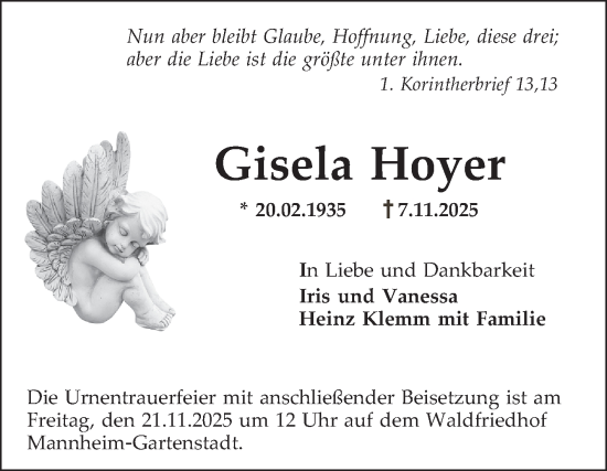 Traueranzeige von Gisela Hoyer von Mannheimer Morgen