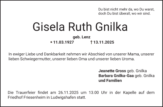 Traueranzeige von Gisela Ruth Gnilka von Mannheimer Morgen