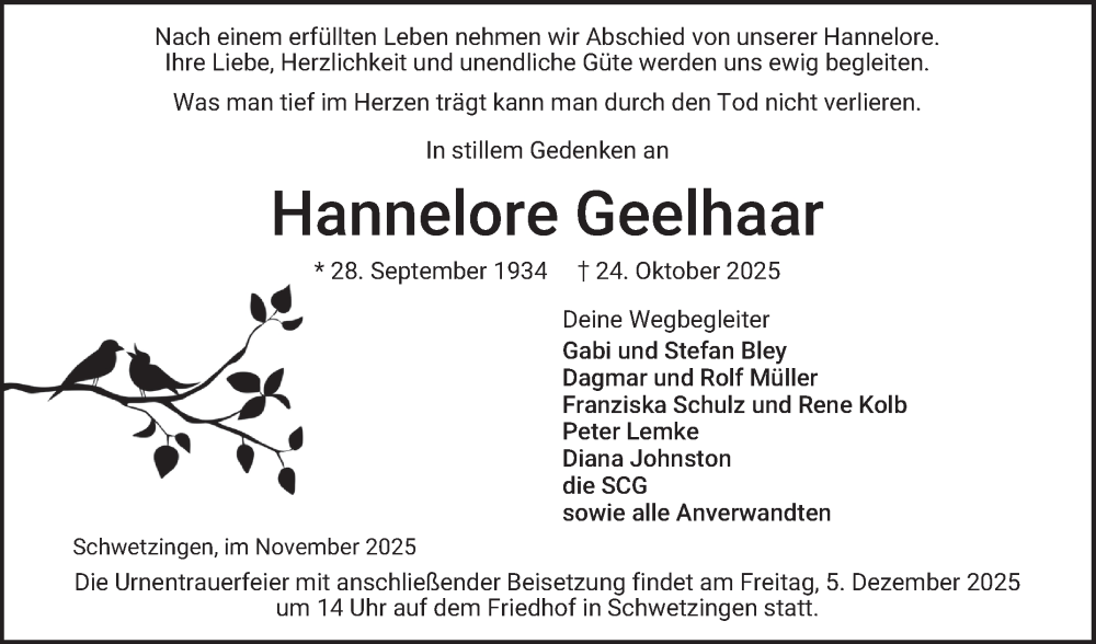  Traueranzeige für Hannelore Geelhaar vom 29.11.2025 aus Schwetzinger Zeitung