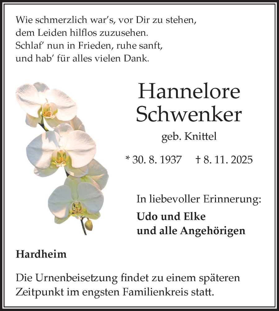  Traueranzeige für Hannelore Schwenker vom 14.11.2025 aus Fränkische Nachrichten