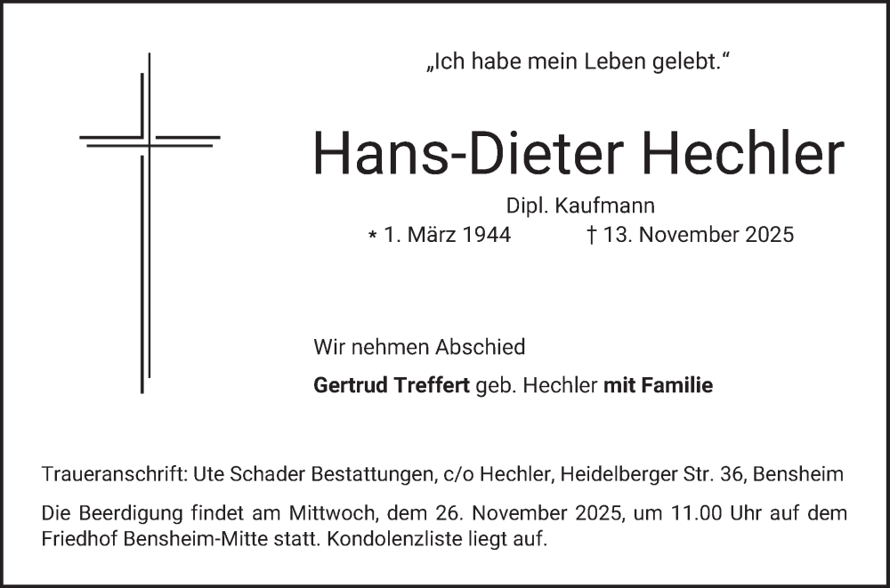  Traueranzeige für Hans-Dieter Hechler vom 22.11.2025 aus Bergsträßer Anzeiger