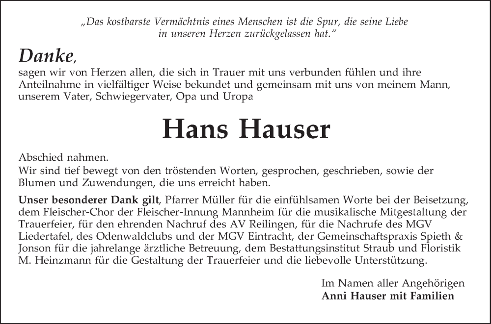  Traueranzeige für Hans Hauser vom 08.11.2025 aus Schwetzinger Zeitung
