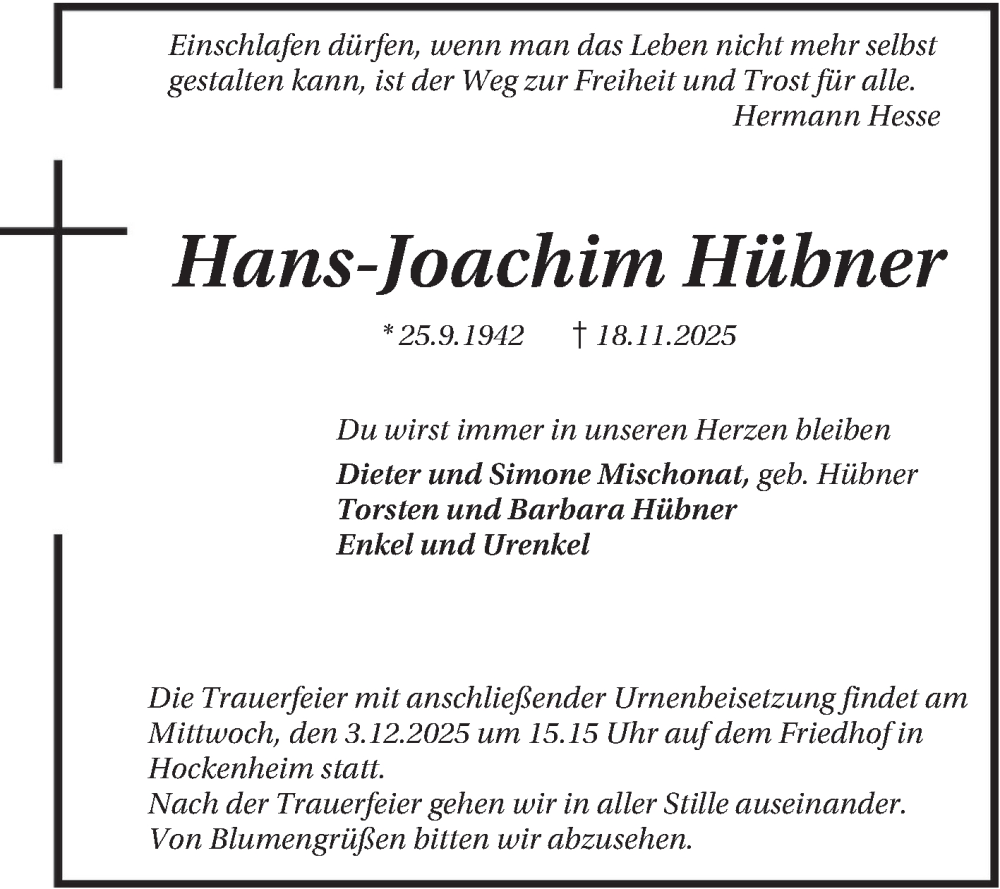  Traueranzeige für Hans-Joachim Hübner vom 29.11.2025 aus Schwetzinger Zeitung