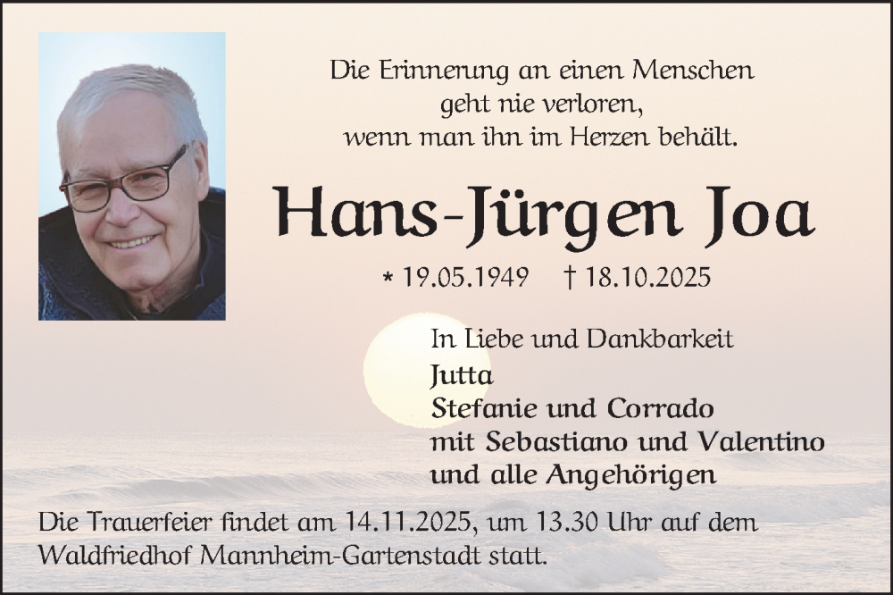  Traueranzeige für Hans-Jürgen Joa vom 08.11.2025 aus Mannheimer Morgen
