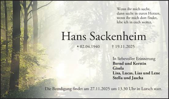 Traueranzeige von Hans Sackenheim von Bergsträßer Anzeiger