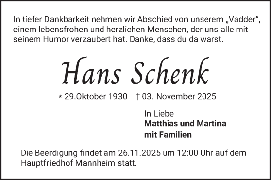 Traueranzeige von Hans Schenk von Mannheimer Morgen