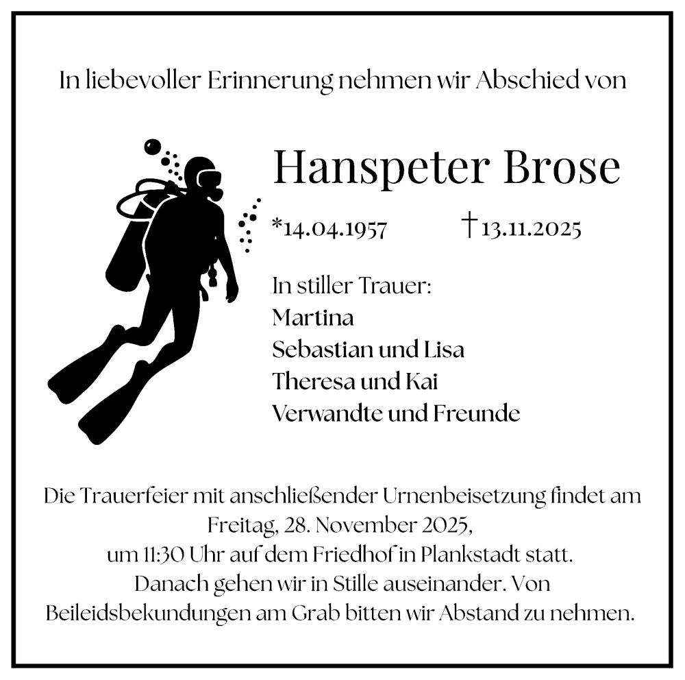  Traueranzeige für Hanspeter Brose vom 22.11.2025 aus Schwetzinger Zeitung