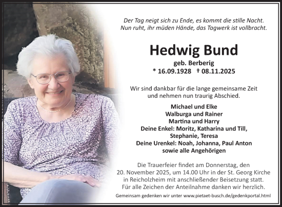 Traueranzeige von Hedwig Bund von Fränkische Nachrichten