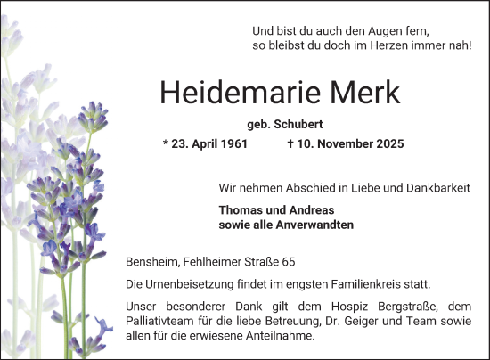Traueranzeige von Heidemarie Merk von Bergsträßer Anzeiger