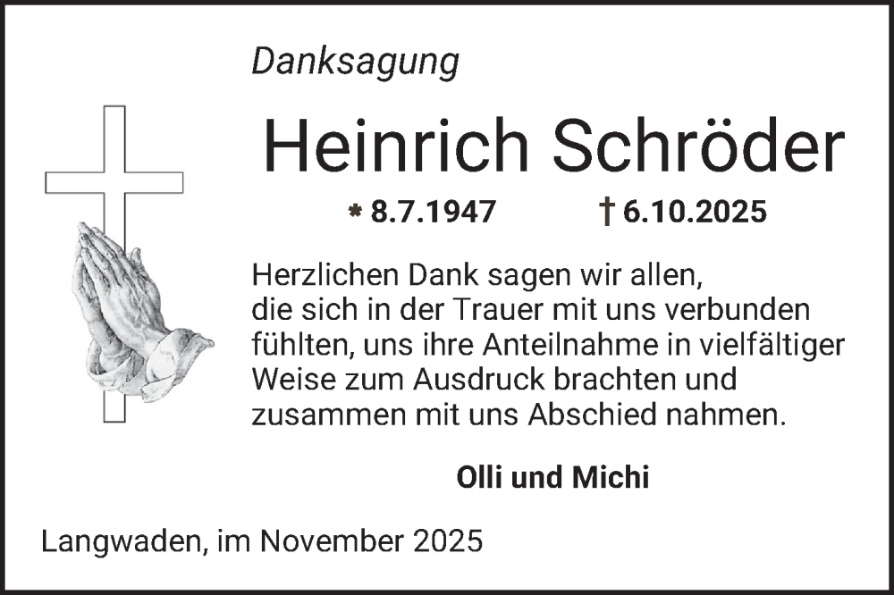  Traueranzeige für Heinrich Schröder vom 15.11.2025 aus Bergsträßer Anzeiger