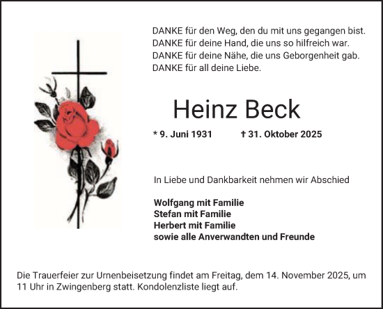 Traueranzeige von Heinz Beck von Bergsträßer Anzeiger