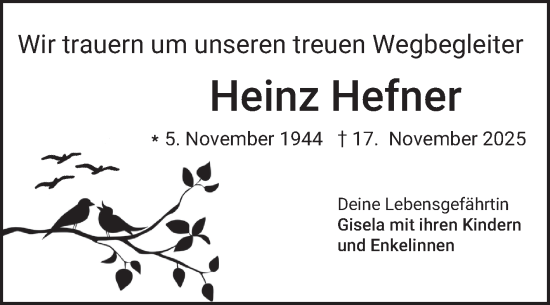 Traueranzeige von Heinz Hefner von Fränkische Nachrichten