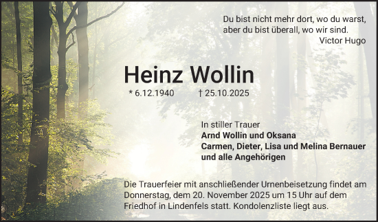 Traueranzeige von Heinz Wollin von Bergsträßer Anzeiger