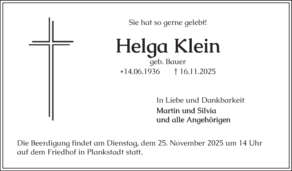  Traueranzeige für Helga Klein vom 22.11.2025 aus Schwetzinger Zeitung