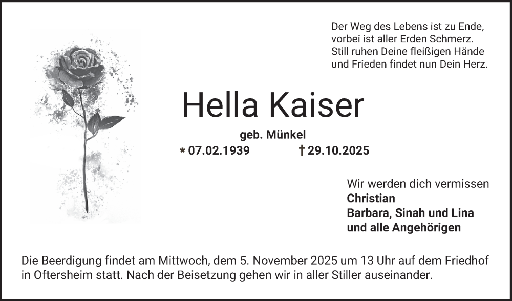  Traueranzeige für Hella Kaiser vom 03.11.2025 aus Schwetzinger Zeitung