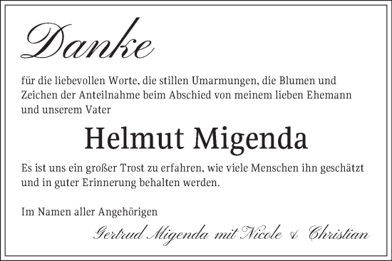 Traueranzeige von Helmut Migenda von Mannheimer Morgen