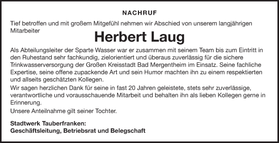 Traueranzeige von Herbert Laug von Fränkische Nachrichten