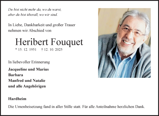 Traueranzeige von Heribert Fouquet von Fränkische Nachrichten
