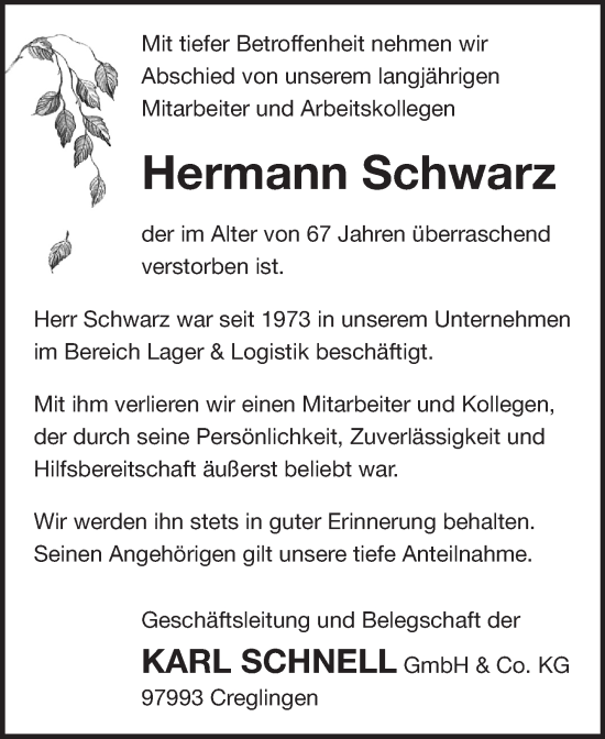 Traueranzeige von Hermann Schwarz von Fränkische Nachrichten