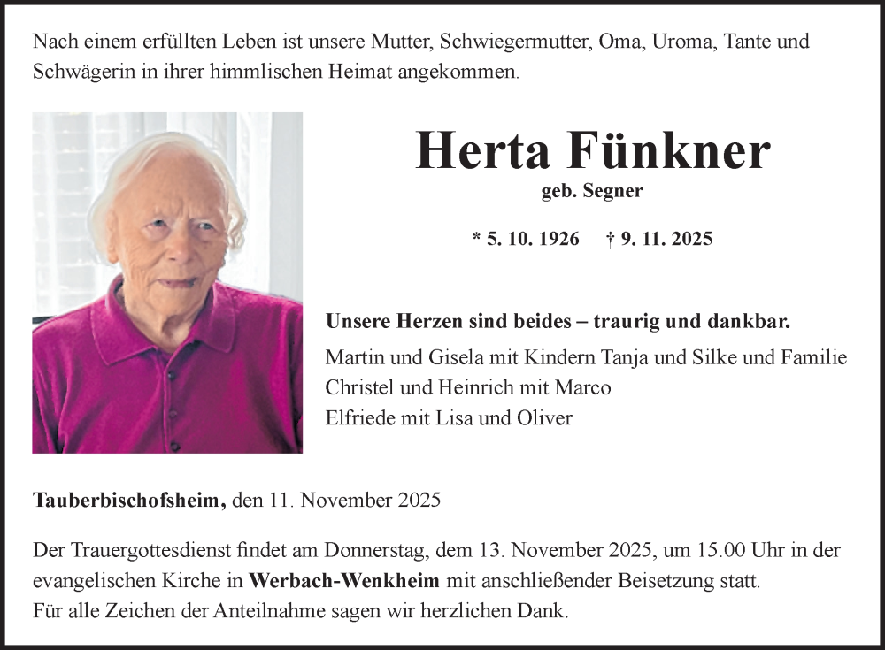  Traueranzeige für Herta Fünkner vom 11.11.2025 aus Fränkische Nachrichten