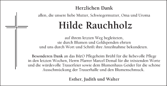 Traueranzeige von Hilde Rauchholz von Schwetzinger Zeitung