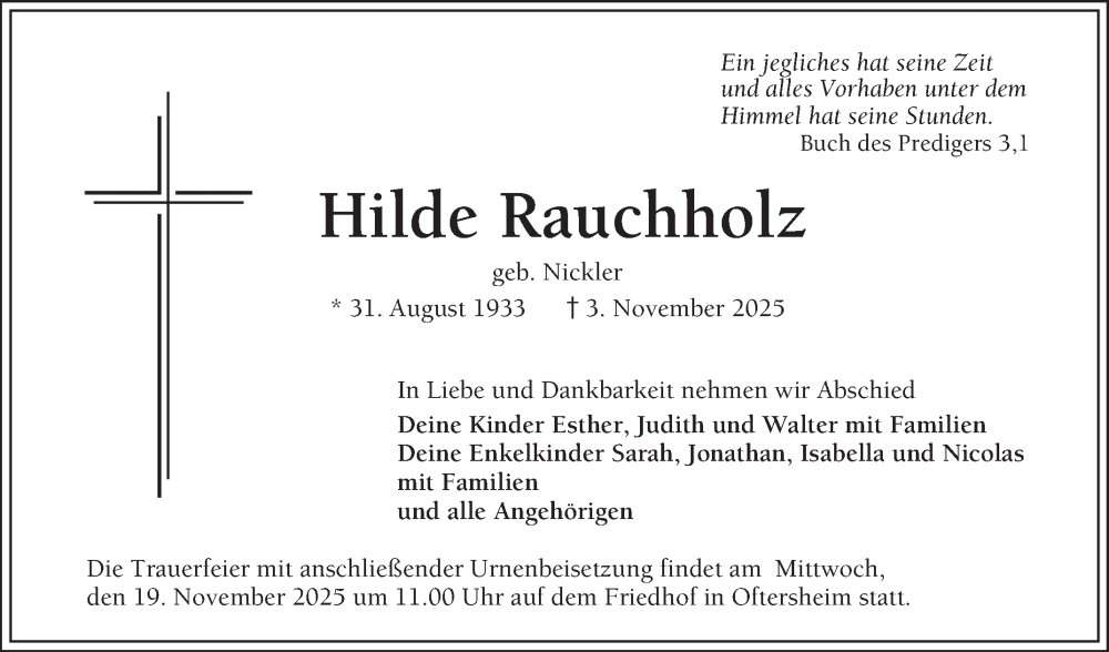  Traueranzeige für Hilde Rauchholz vom 15.11.2025 aus Schwetzinger Zeitung