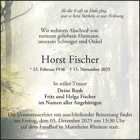 Traueranzeige von Horst Fischer von Mannheimer Morgen