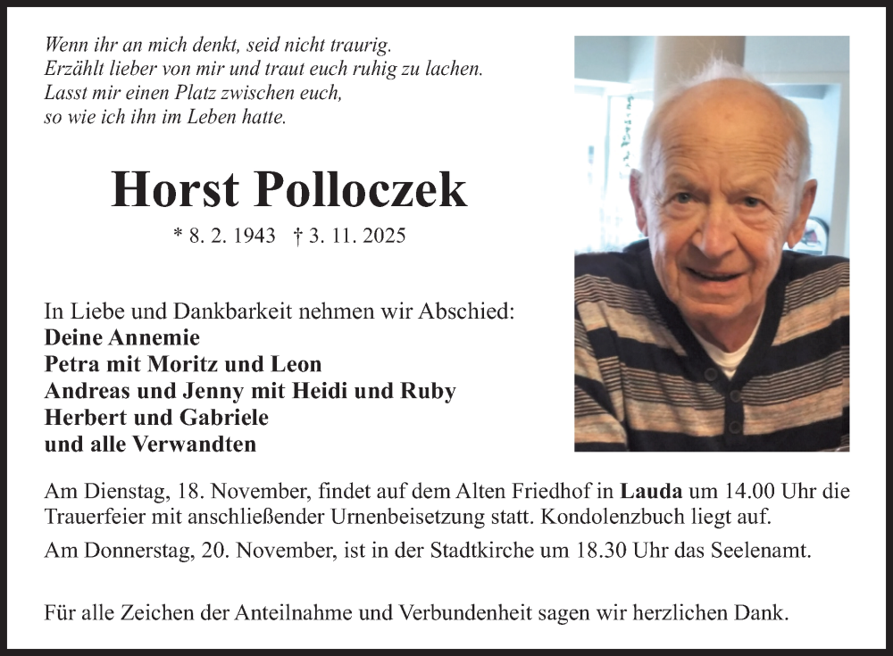  Traueranzeige für Horst Polloczek vom 12.11.2025 aus Fränkische Nachrichten