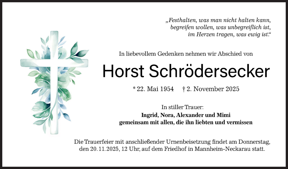  Traueranzeige für Horst Schrödersecker vom 15.11.2025 aus Mannheimer Morgen