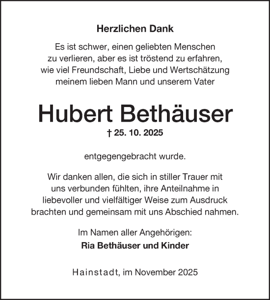 Traueranzeige von Hubert Bethäuser von Fränkische Nachrichten