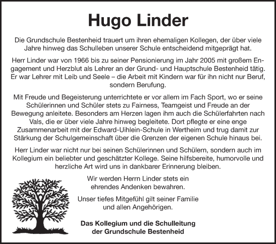 Traueranzeige von Hugo Linder von Fränkische Nachrichten