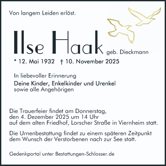 Traueranzeige von Ilse Haak von Mannheimer Morgen