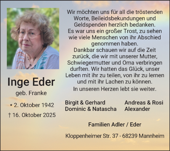 Traueranzeige von Inge Eder von Mannheimer Morgen