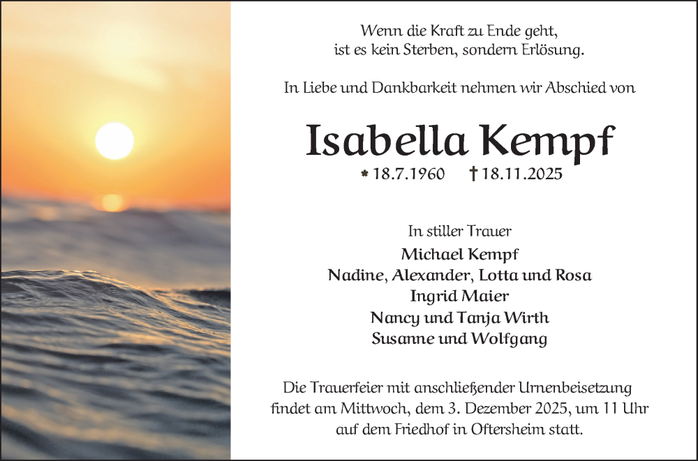  Traueranzeige für Isabella Kempf vom 29.11.2025 aus Schwetzinger Zeitung