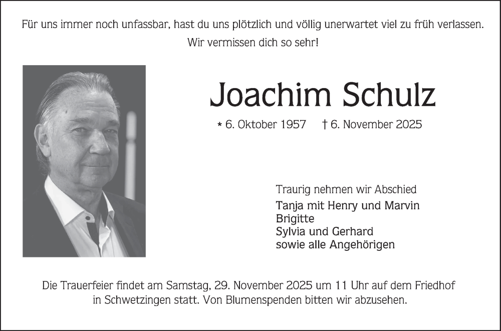 Traueranzeige für Joachim Schulz vom 22.11.2025 aus Mannheimer Morgen