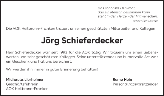 Traueranzeige von Jörg Schieferdecker von Fränkische Nachrichten