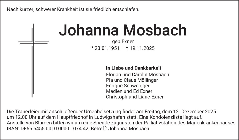  Traueranzeige für Johanna Mosbach vom 29.11.2025 aus Mannheimer Morgen