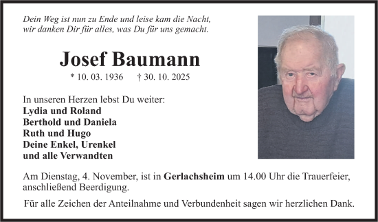 Traueranzeige von Josef Baumann von Fränkische Nachrichten