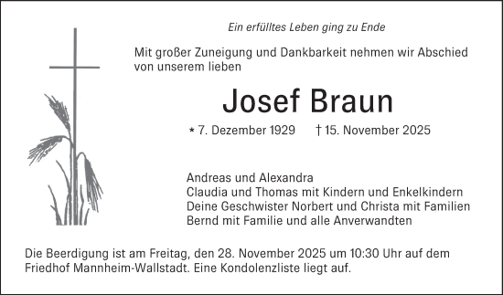 Traueranzeige von Josef Braun von Mannheimer Morgen