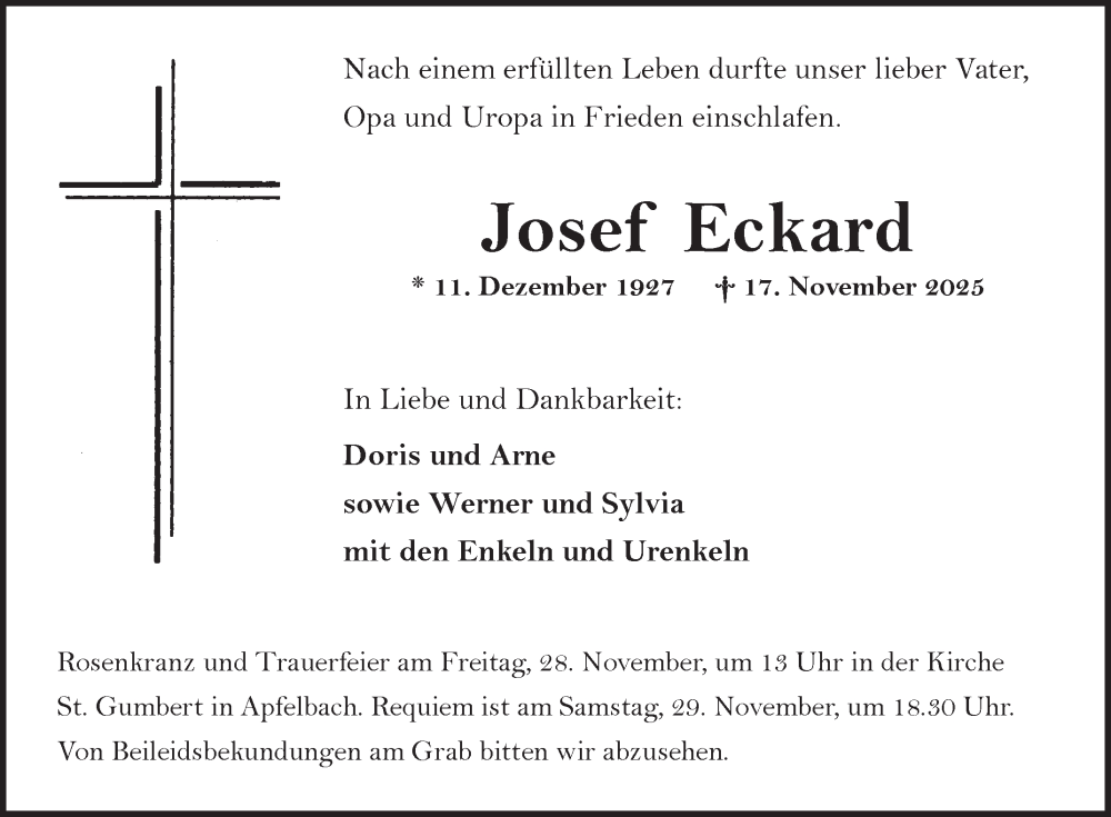  Traueranzeige für Josef Eckard vom 25.11.2025 aus Fränkische Nachrichten