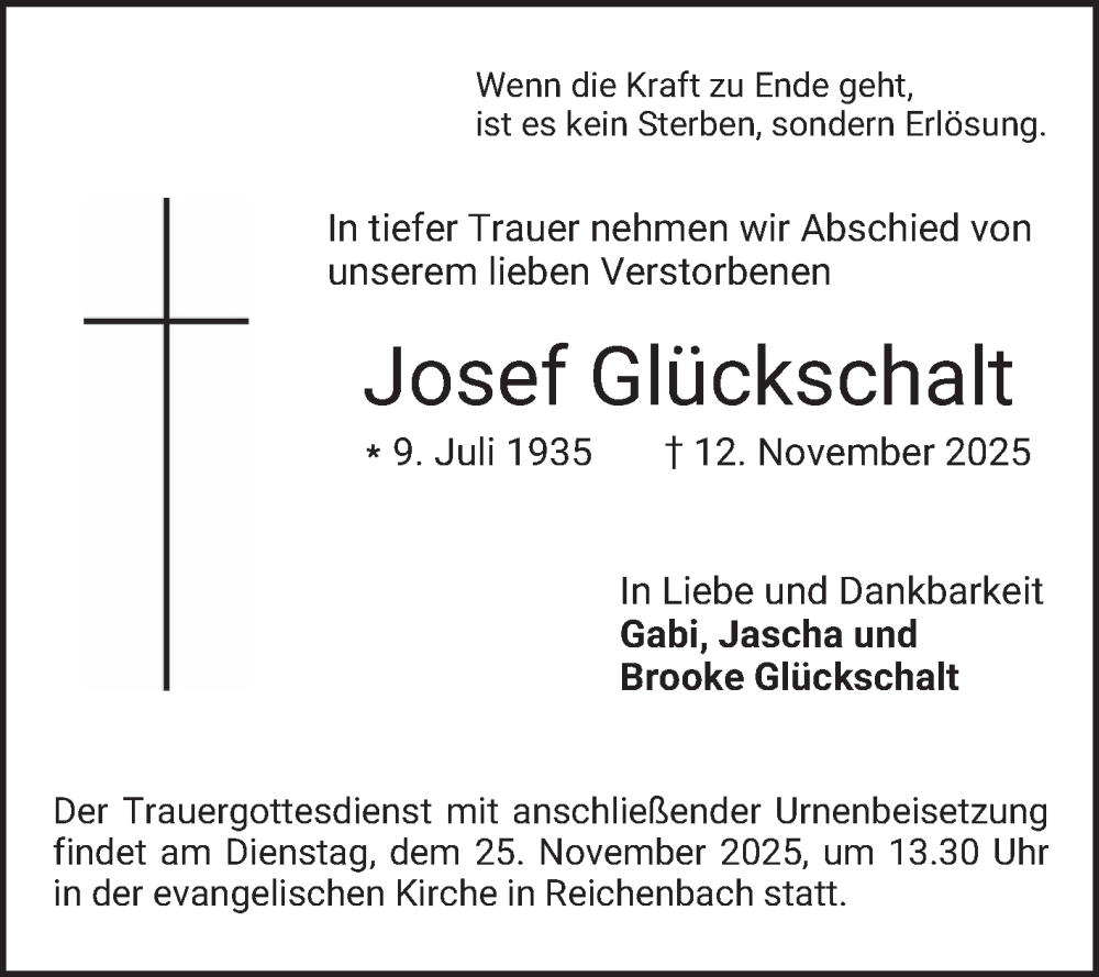  Traueranzeige für Josef Glückschalt vom 22.11.2025 aus Bergsträßer Anzeiger