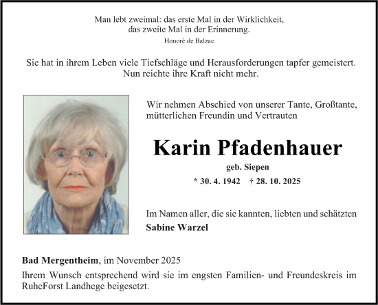 Traueranzeige von Karin Pfadenhauer von Fränkische Nachrichten