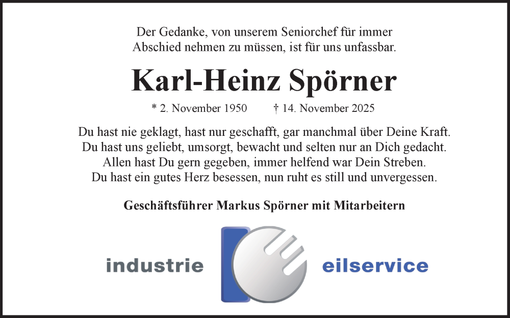  Traueranzeige für Karl-Heinz Spörner vom 18.11.2025 aus Fränkische Nachrichten
